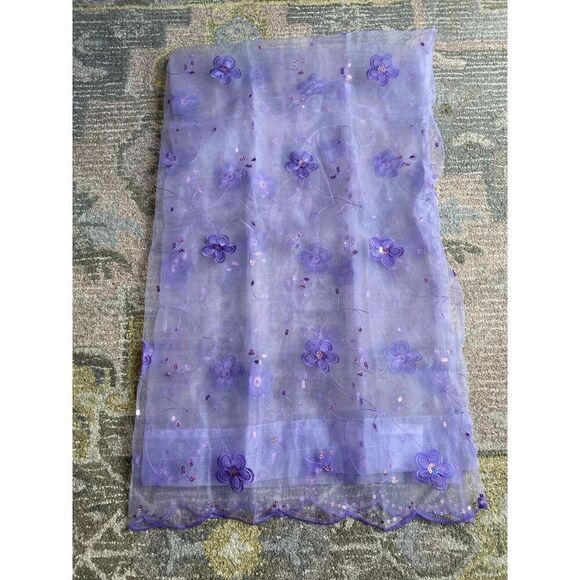 Lavender Floral Sequin Scalloped edge Sheer Curtain Panel - Picture 2 of 6